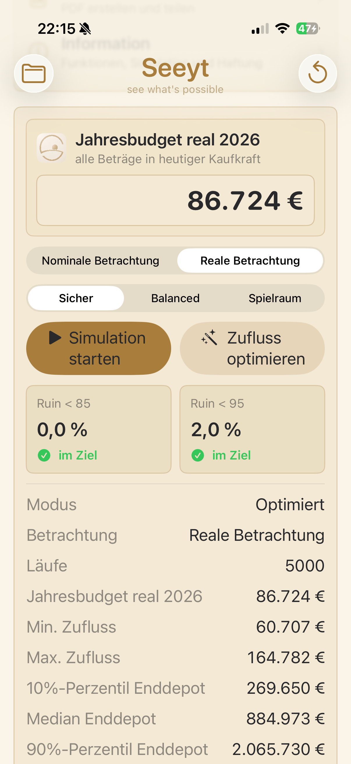 Seeyt Simulation mit Jahresbudget, Ruinquoten und Optimierung