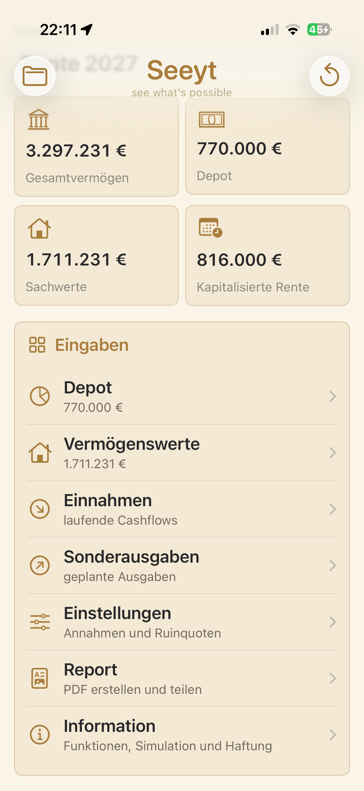 Seeyt Übersicht mit Gesamtvermögen, Depot, Sachwerten und Eingaben