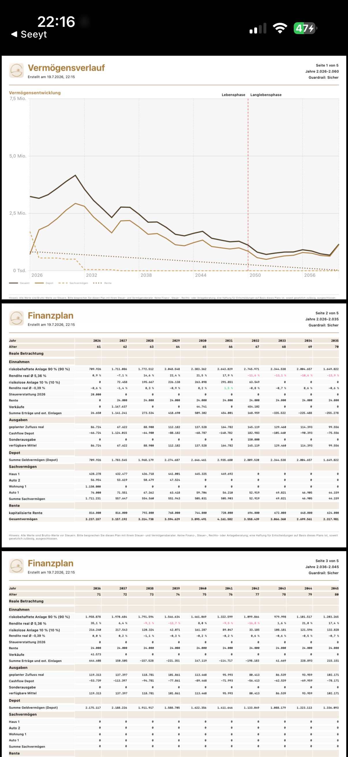 Seeyt PDF Report mit Vermögensverlauf und Finanzplan